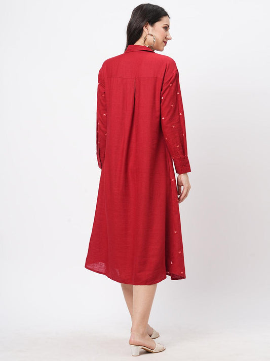Hashtag Be Summery red calf length dress with collar and concealed placket and embroidery on the front.