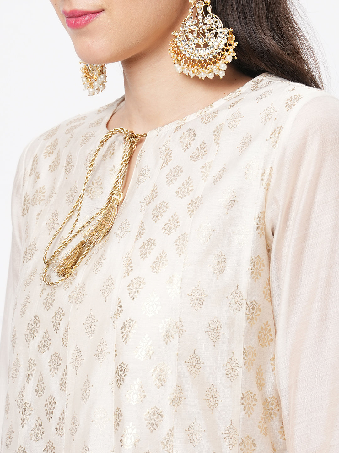 Hashtag Be Opulent offwhite chanderi Anarkali kurta with two prints in gold and complimenting gold chord at the neck