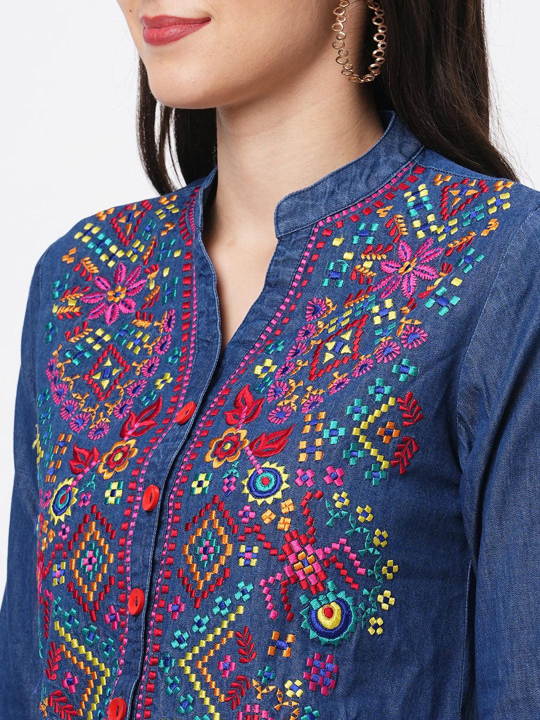 Hashtag Be Featuring denim blue tunic with multi colored thread embroidery
