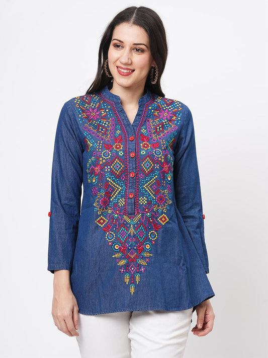 Hashtag Be Featuring denim blue tunic with multi colored thread embroidery