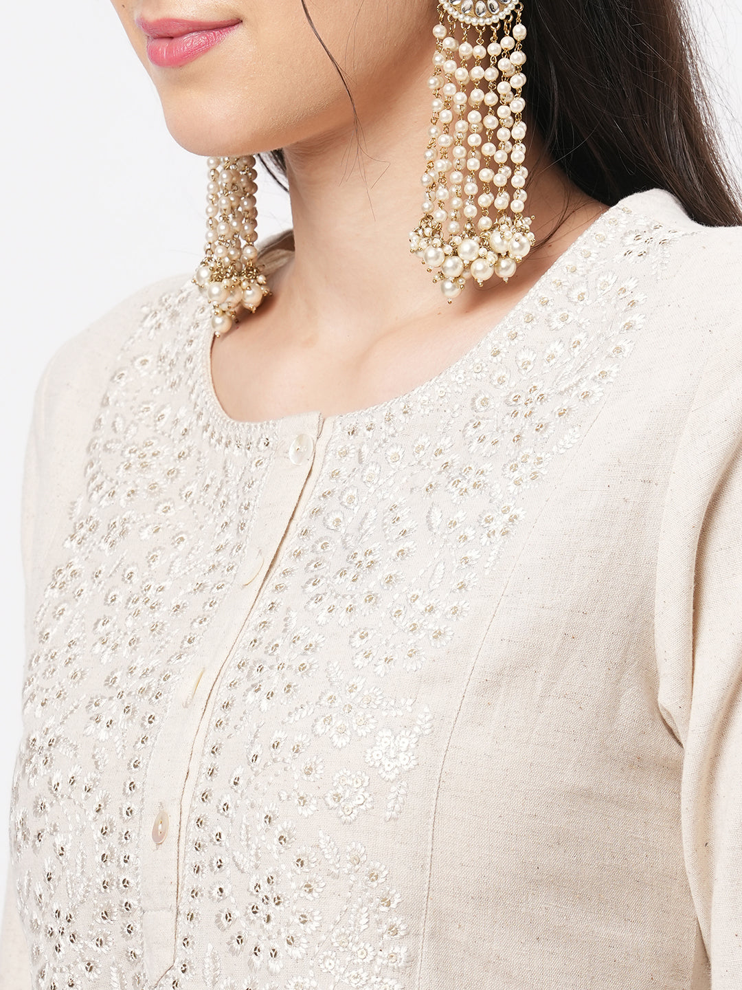 Hashtag Be kurta with yoke chikankari embroidery in natural color