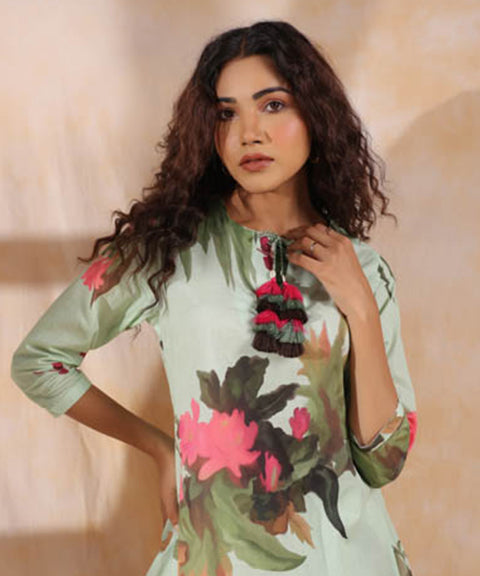 Sea Green Floral Print Women Short Kurta Set