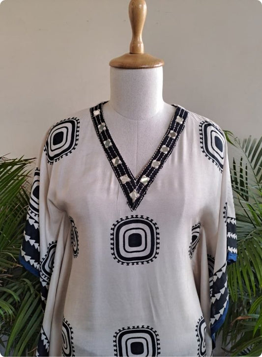 Off White Geometric Kaftan Kurta with Pants