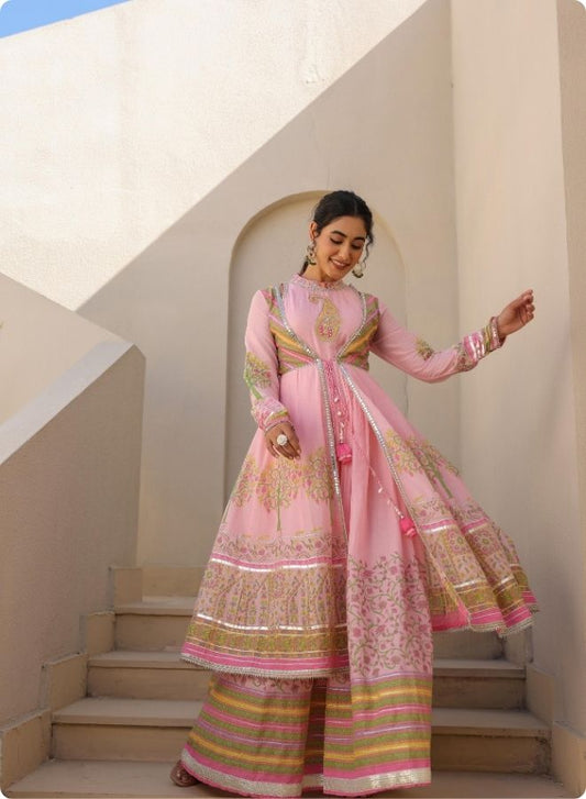 Pink Floral Embroidered Anarkali Jacket Set