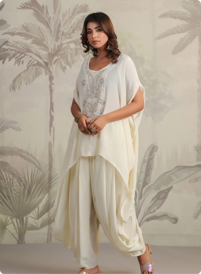 Cream Embroidered Cape Sleeve Kurta Set