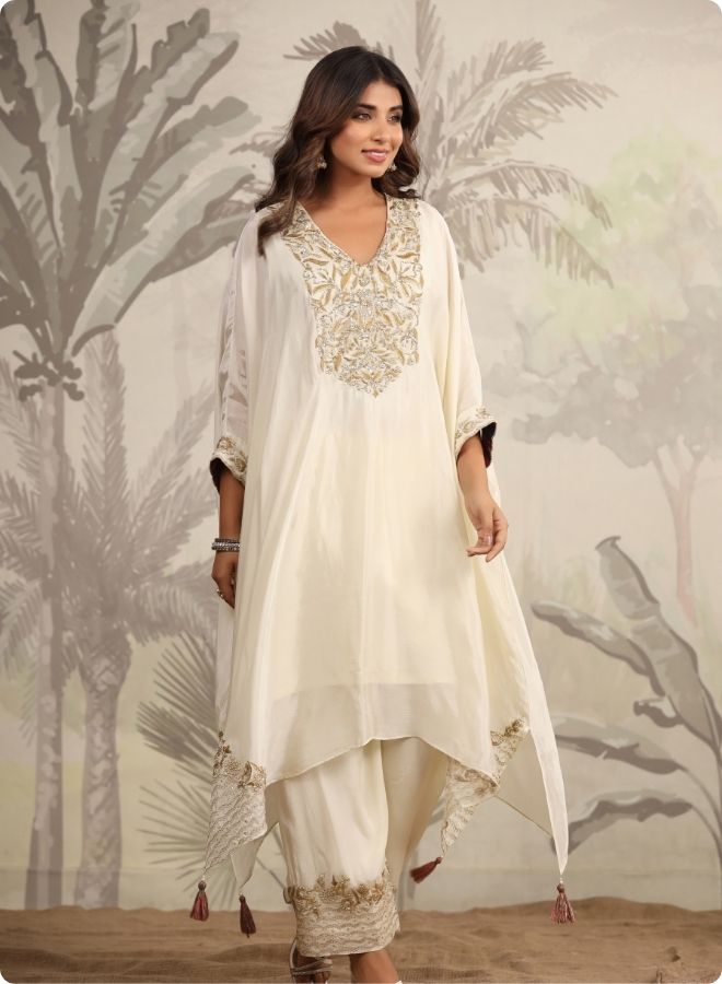 Cream Embroidered Flared Kurta Set