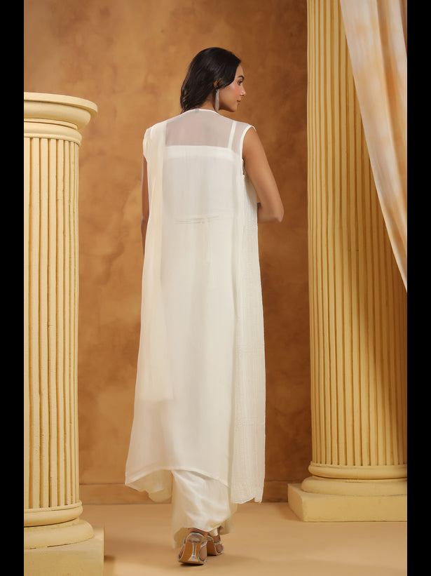 White Embroidered Women Pre-Draped Saree
