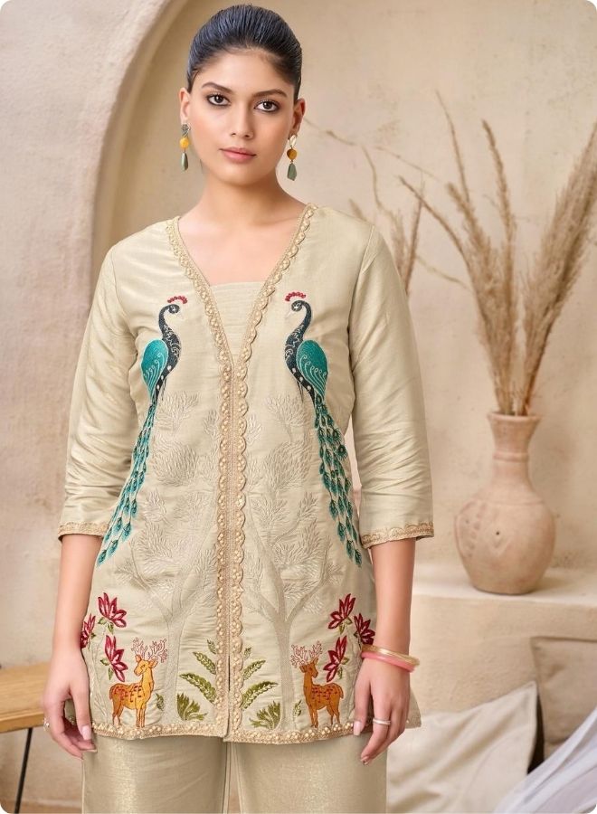 Beige Peacock Embroidered Straight Kurta Set