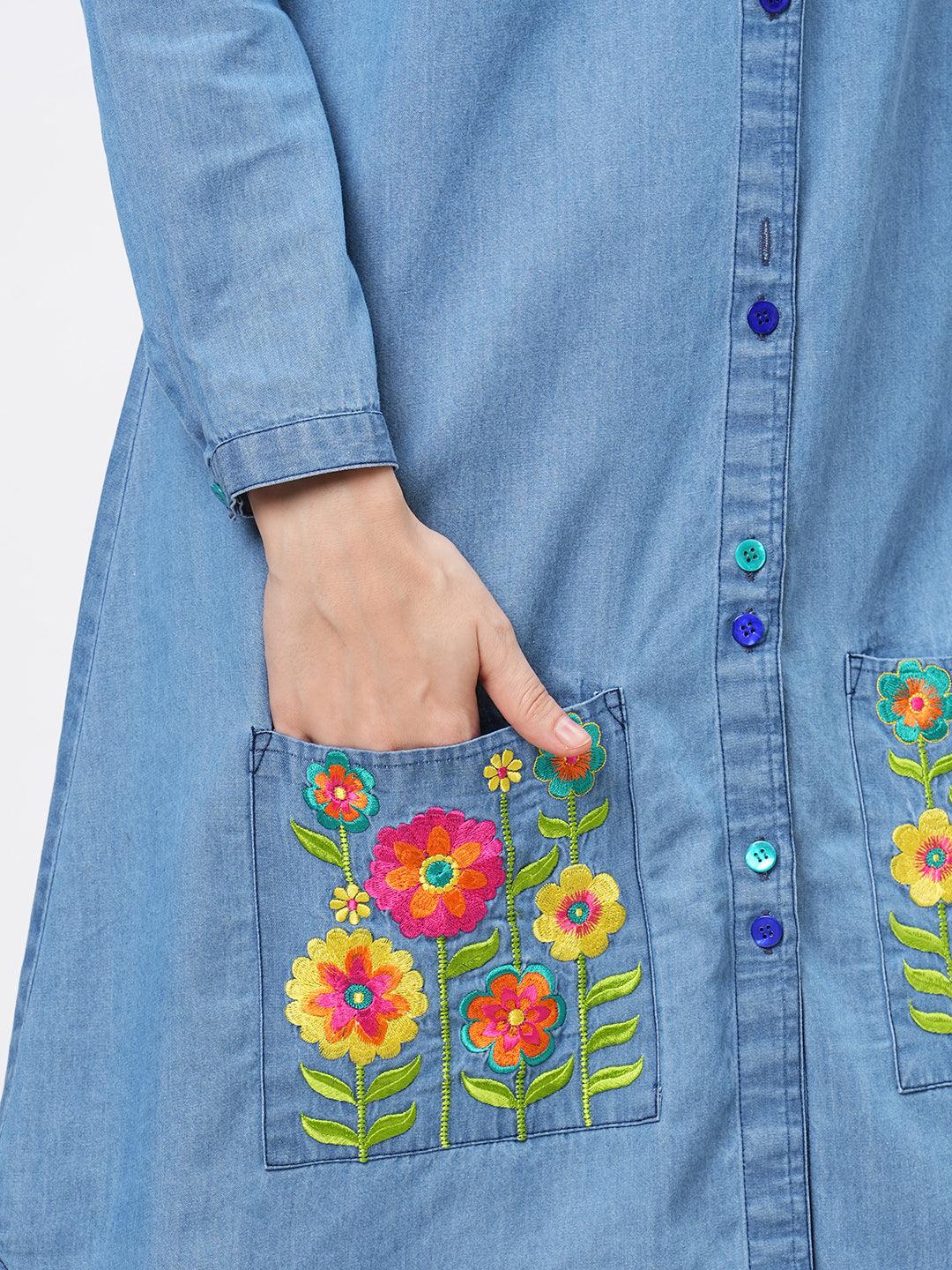 Hashtag Be Featuring soft denim with front button shirt dress and embroidered pockets