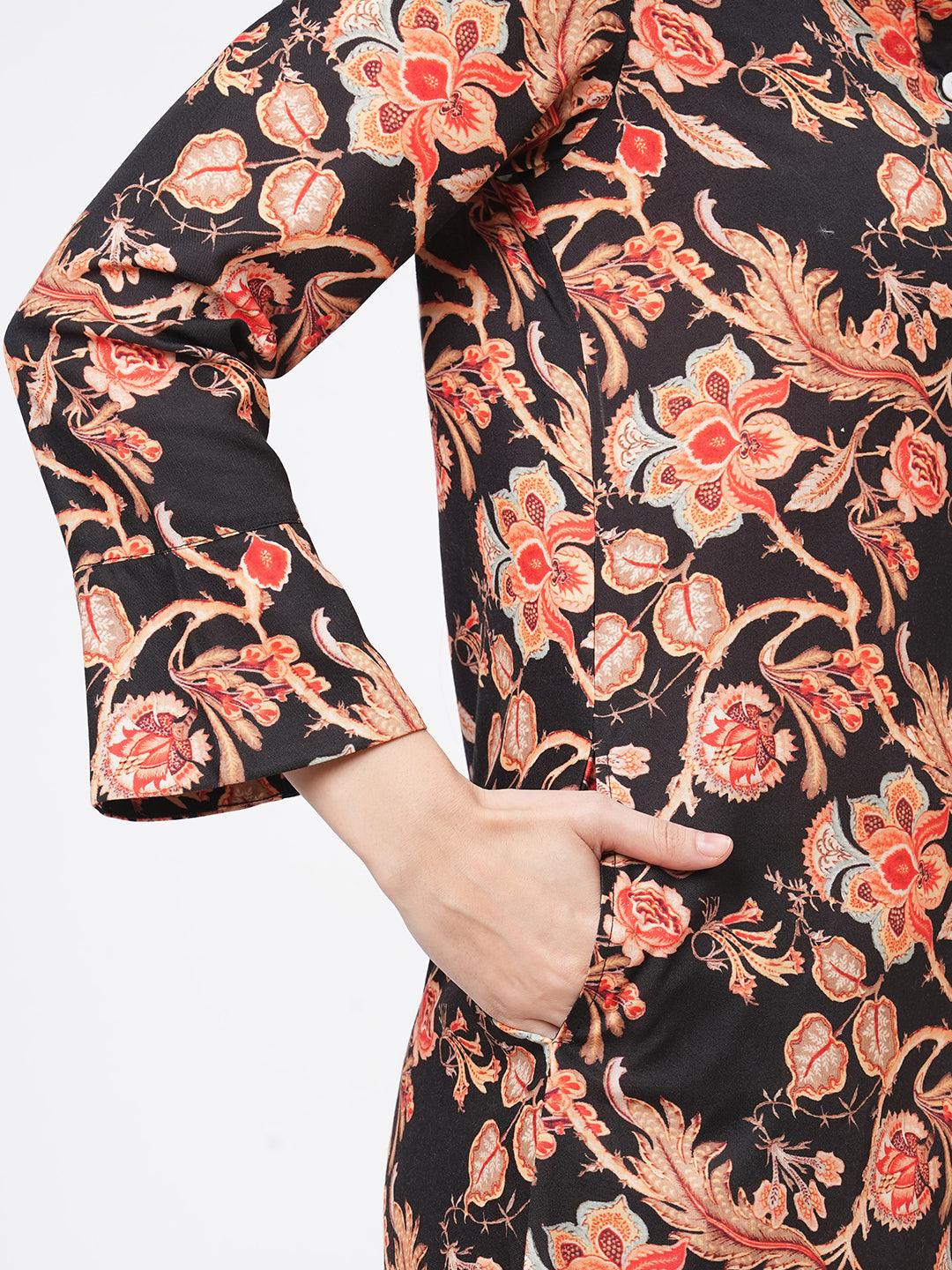 Hashtag Be featuring a black floral printed long shirt dress in regular fit