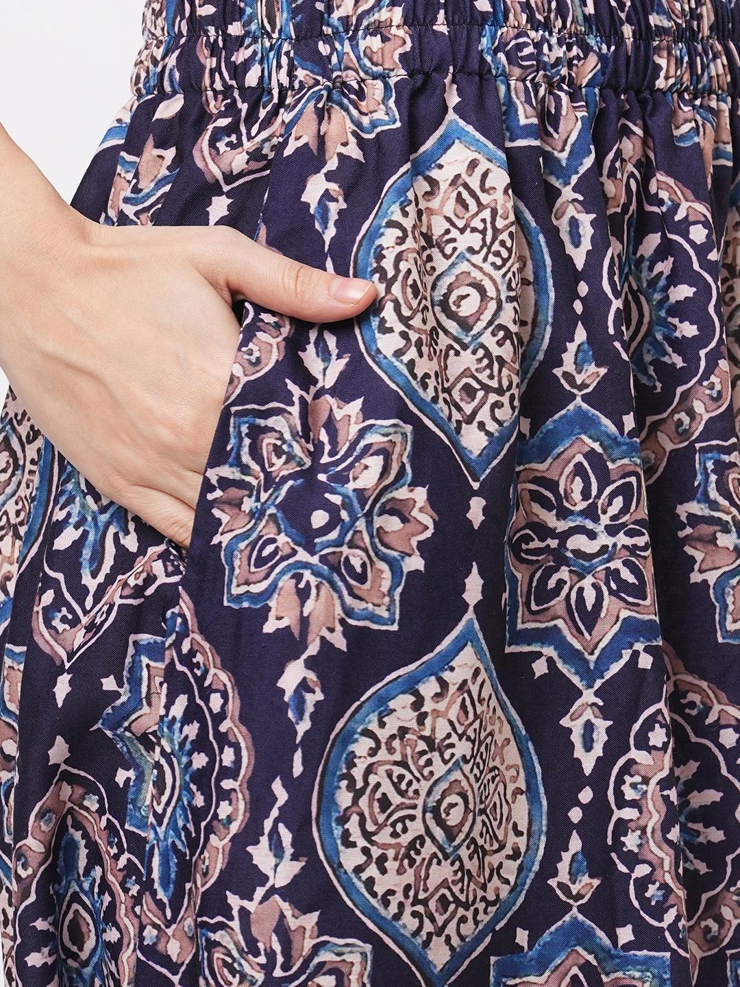 Hashtag Be Featuring a printed kurti set with stylised dhoti with slit