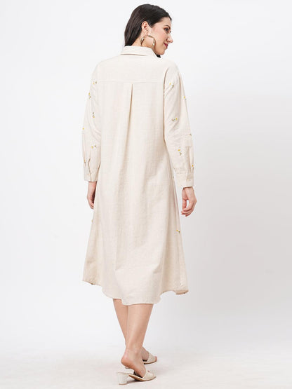 Hashtag Be Summery calf length dress with collar and concealed placket and embroidery on the front.