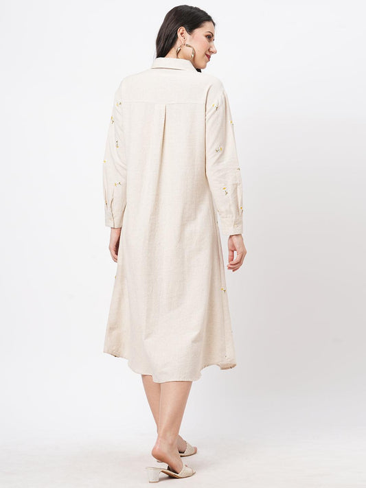 Hashtag Be Summery calf length dress with collar and concealed placket and embroidery on the front.