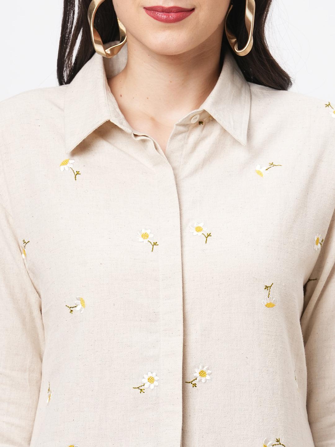Hashtag Be Summery calf length dress with collar and concealed placket and embroidery on the front.