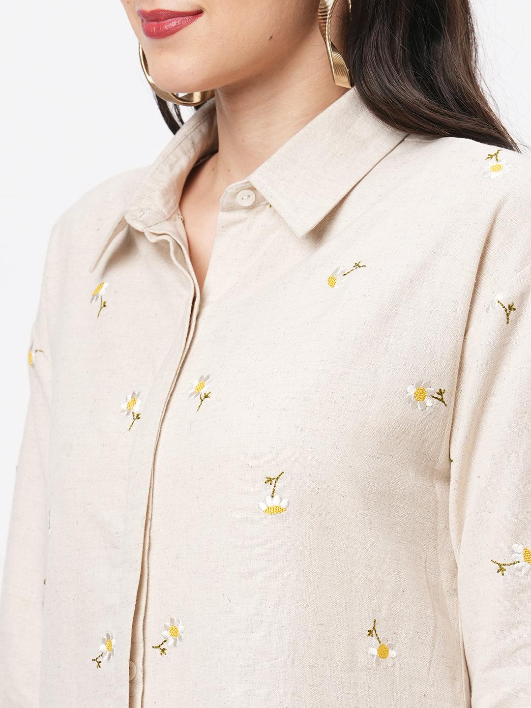 Hashtag Be Summery calf length dress with collar and concealed placket and embroidery on the front.