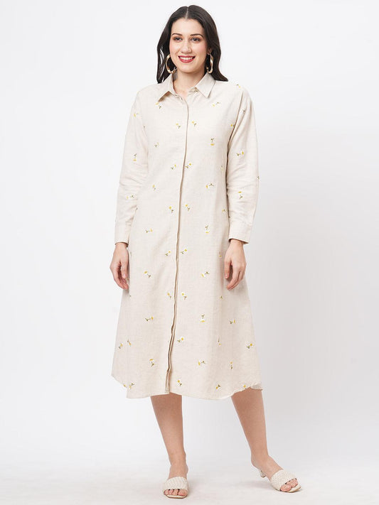 Hashtag Be Summery calf length dress with collar and concealed placket and embroidery on the front.