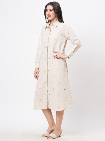 Hashtag Be Summery calf length dress with collar and concealed placket and embroidery on the front.