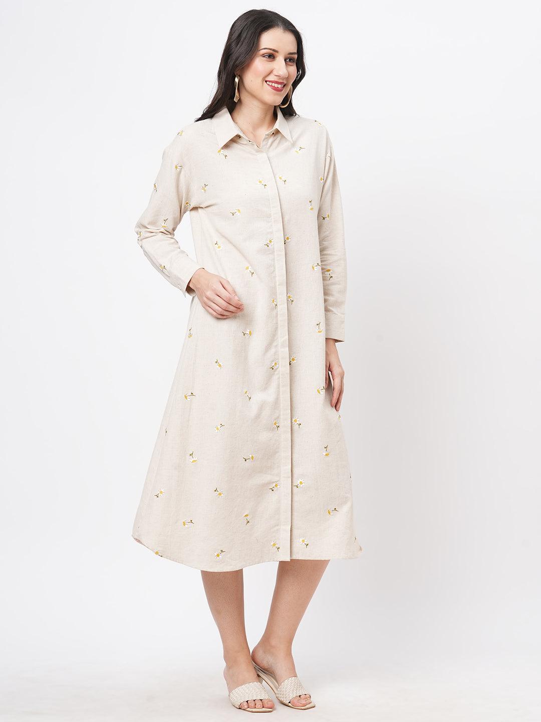 Hashtag Be Summery calf length dress with collar and concealed placket and embroidery on the front.