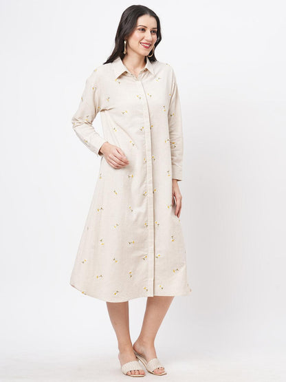 Hashtag Be Summery calf length dress with collar and concealed placket and embroidery on the front.