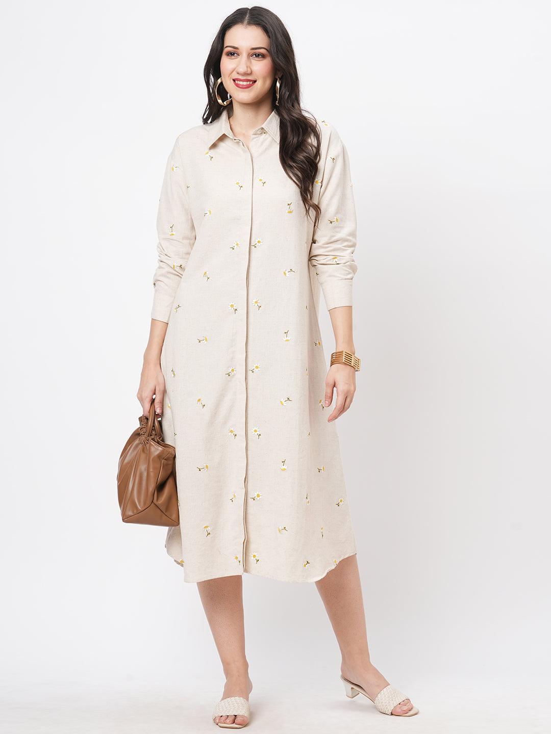 Hashtag Be Summery calf length dress with collar and concealed placket and embroidery on the front.