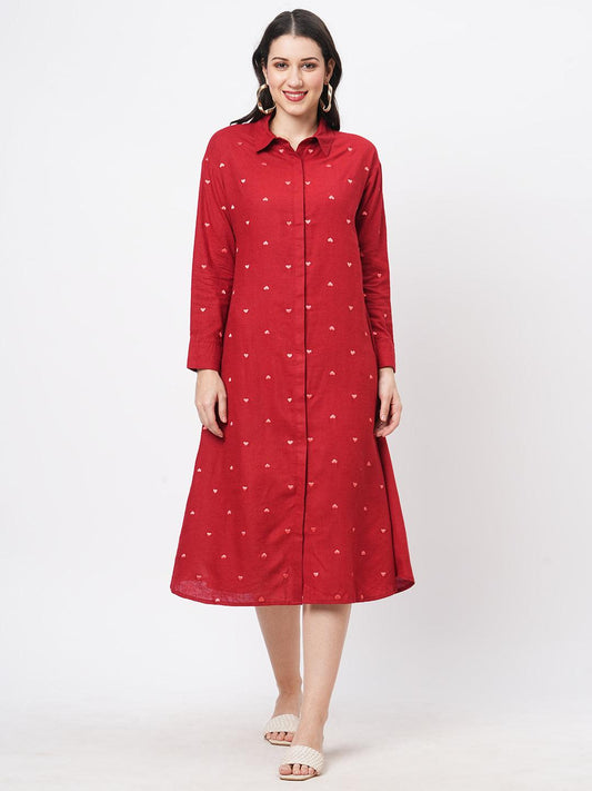 Hashtag Be Summery red calf length dress with collar and concealed placket and embroidery on the front.