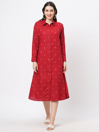 Hashtag Be Summery calf length dress with collar and concealed placket and embroidery on the front.
