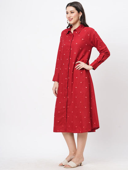 Hashtag Be Summery calf length dress with collar and concealed placket and embroidery on the front.