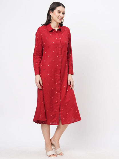 Hashtag Be Summery calf length dress with collar and concealed placket and embroidery on the front.