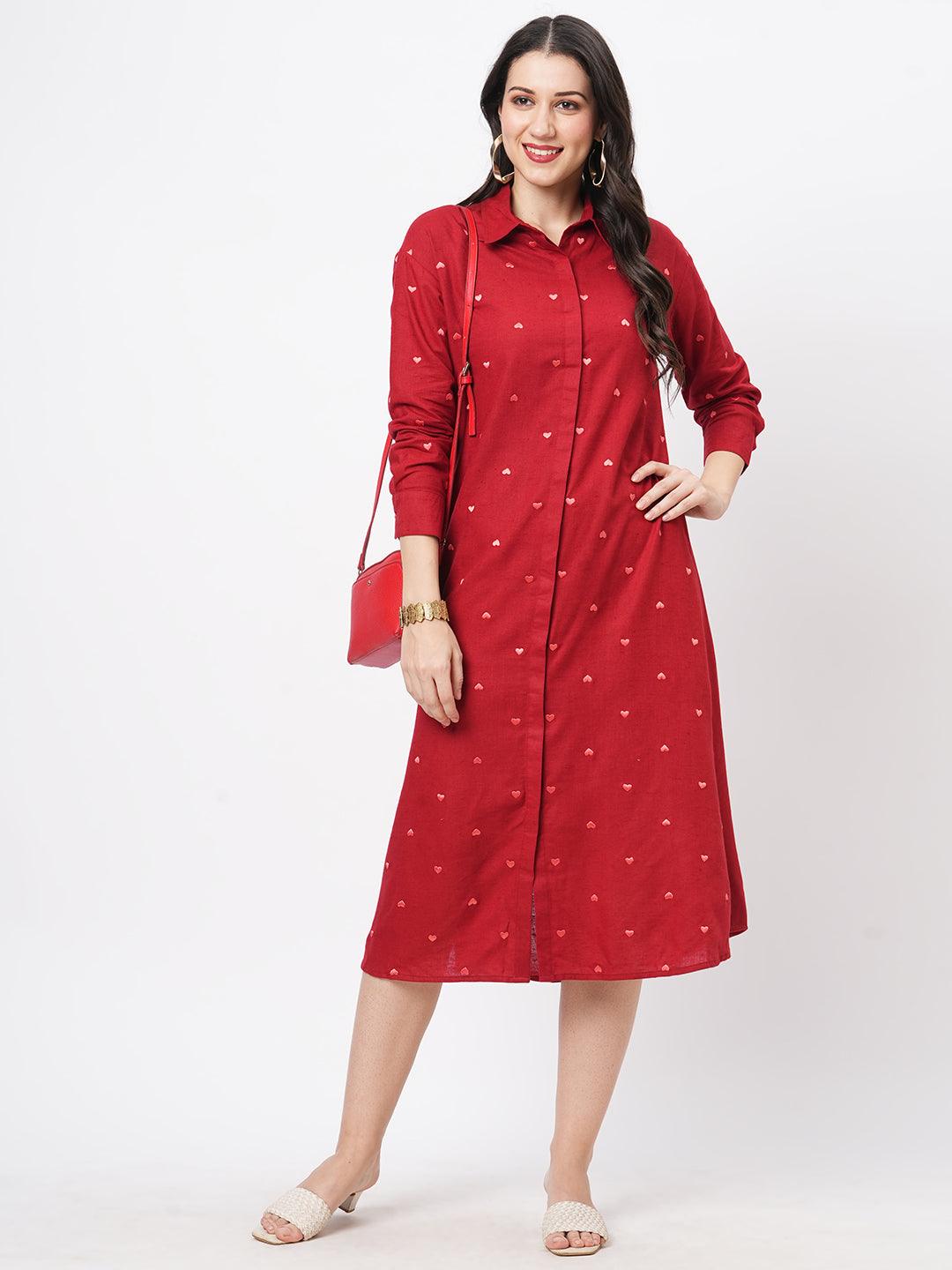 Hashtag Be Summery red calf length dress with collar and concealed placket and embroidery on the front.