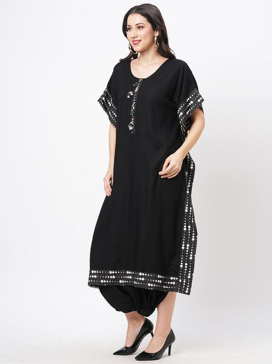 Hashtag Be Featuring a black kaftan set with dhoti pant