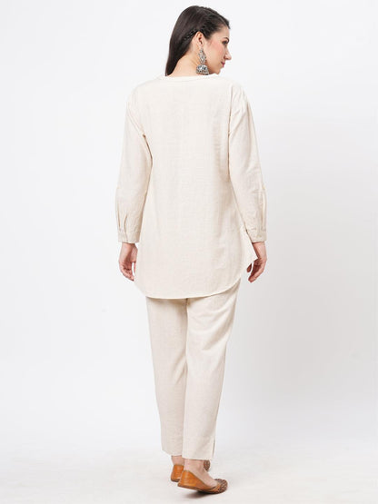 Hashtag Be Embroidered short tunic with solid slim fit pants in natural cottonflex