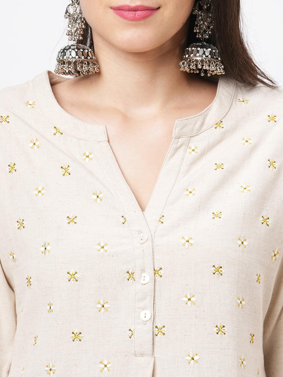 Hashtag Be Embroidered short tunic with solid slim fit pants in natural cottonflex