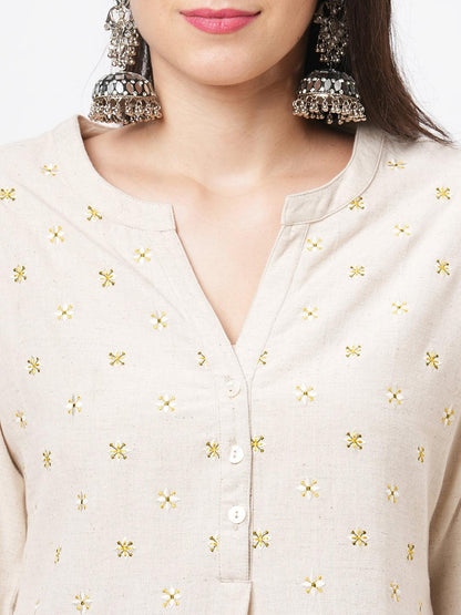 Hashtag Be Embroidered short tunic with solid slim fit pants in natural cottonflex