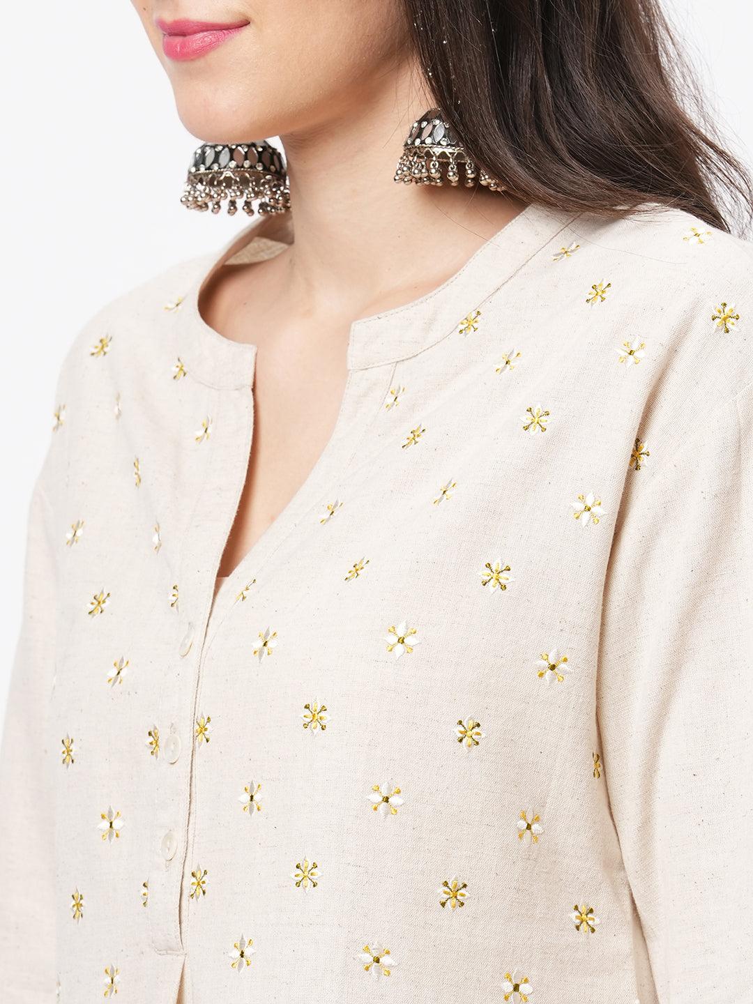 Hashtag Be Embroidered short tunic with solid slim fit pants in natural cottonflex