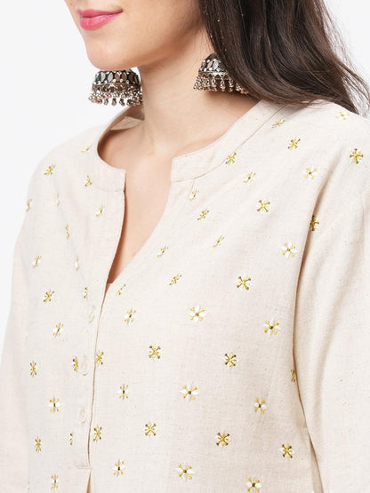 Hashtag Be Embroidered short tunic with solid slim fit pants in natural cottonflex