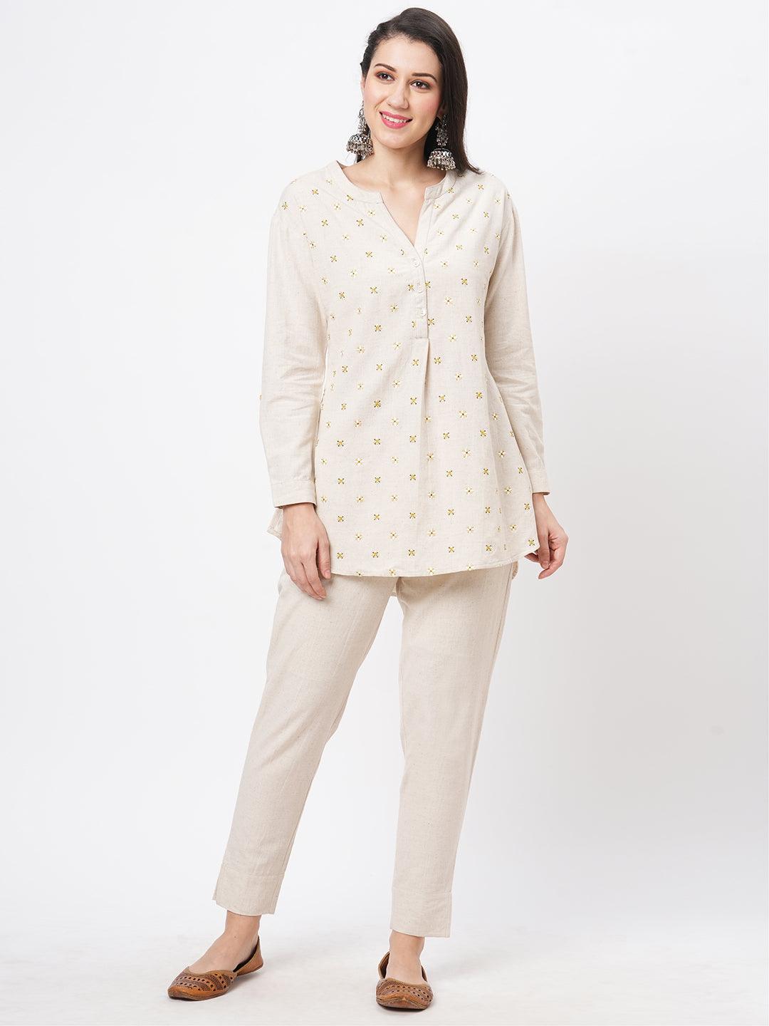 Hashtag Be Embroidered short tunic with solid slim fit pants in natural cottonflex