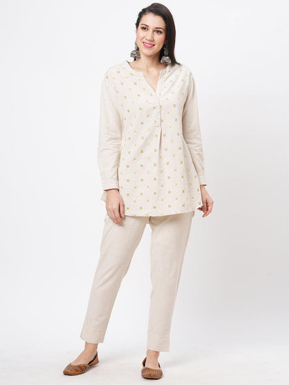 Hashtag Be Embroidered short tunic with solid slim fit pants in natural cottonflex