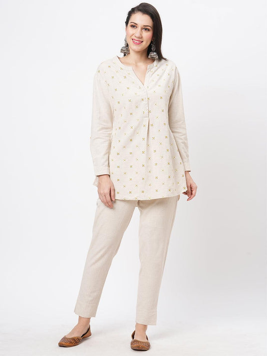 Hashtag Be Embroidered short tunic with solid slim fit pants in natural cottonflex