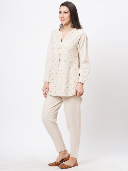 Hashtag Be Embroidered short tunic with solid slim fit pants in natural cottonflex