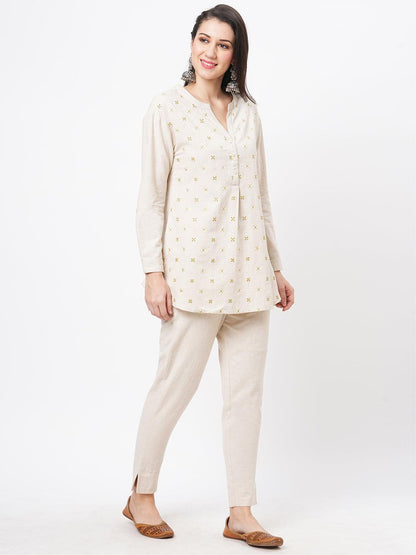 Hashtag Be Embroidered short tunic with solid slim fit pants in natural cottonflex