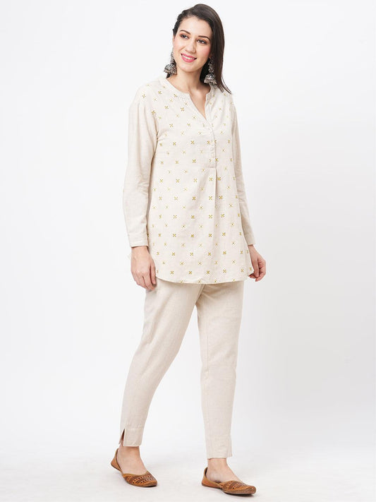 Hashtag Be Embroidered short tunic with solid slim fit pants in natural cottonflex