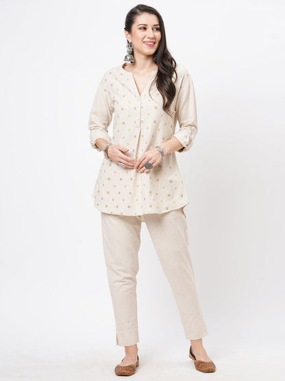 Hashtag Be Embroidered short tunic with solid slim fit pants in natural cottonflex