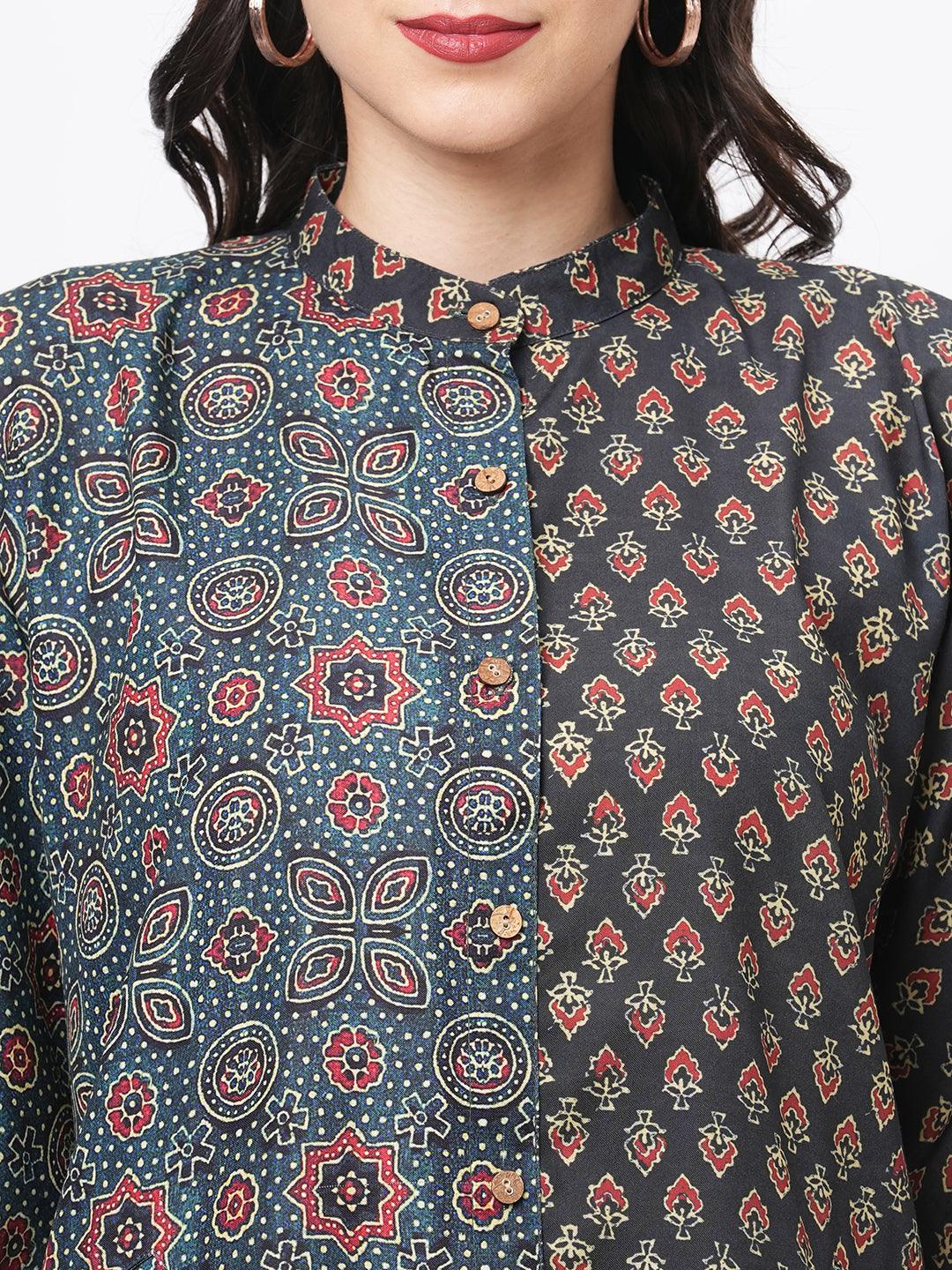 Hashtag Be featuring an green kaftan in two prints complimenting each other with front button placket