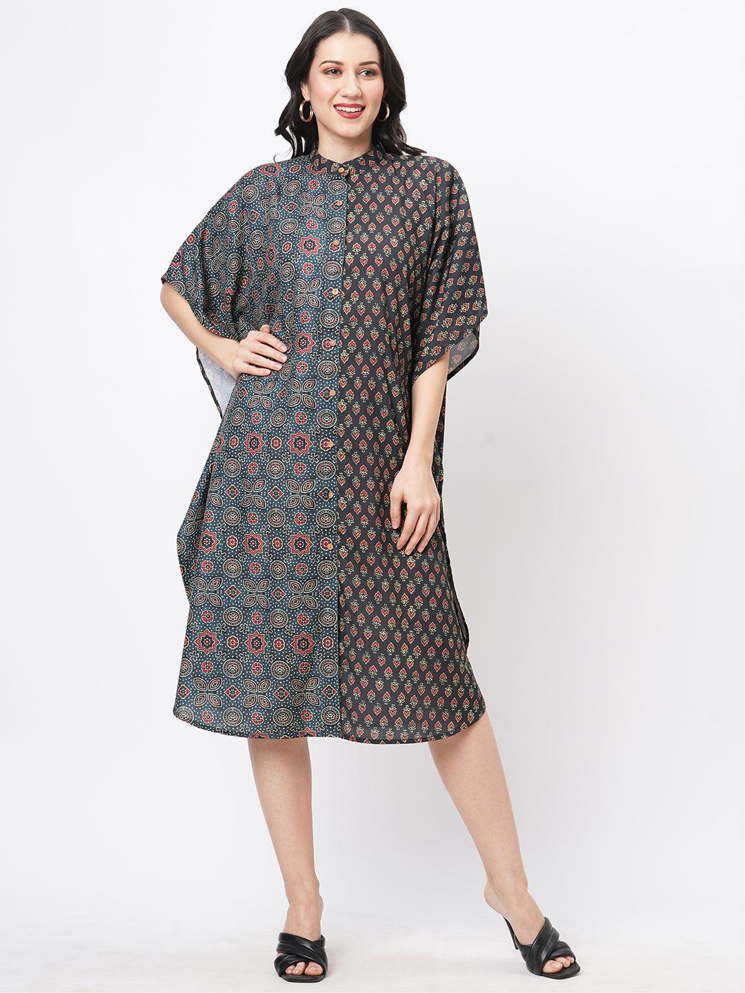 Hashtag Be featuring an green kaftan in two prints complimenting each other with front button placket