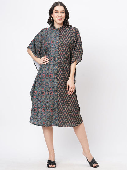 Hashtag Be featuring an green kaftan in two prints complimenting each other with front button placket