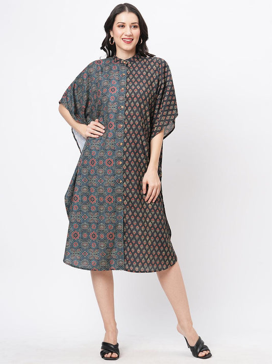 Hashtag Be featuring an green kaftan in two prints complimenting each other with front button placket