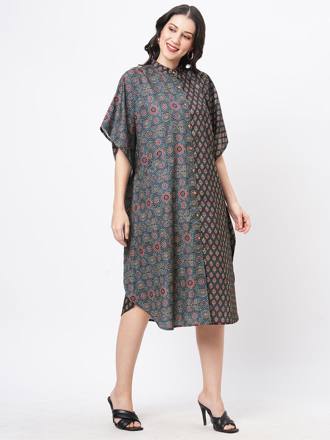 Hashtag Be featuring an green kaftan in two prints complimenting each other with front button placket