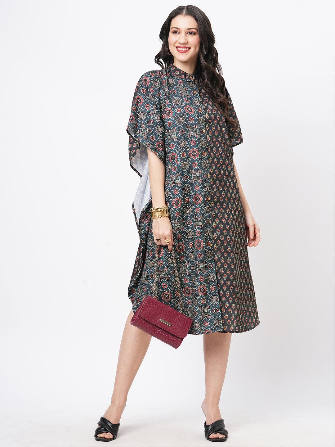 Hashtag Be featuring an green kaftan in two prints complimenting each other with front button placket