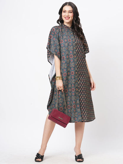Hashtag Be featuring an green kaftan in two prints complimenting each other with front button placket