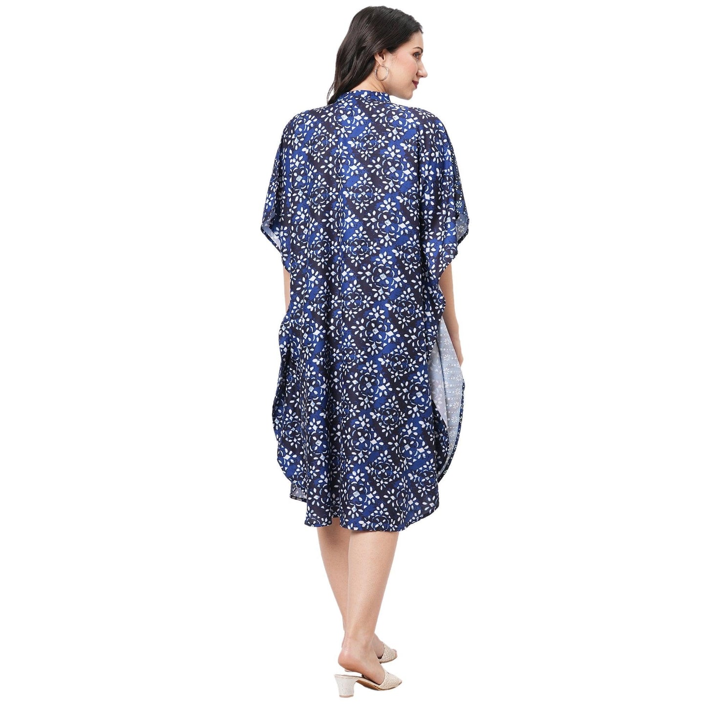 Hashtag Be featuring an indigo kaftan in two prints complimenting each other with front button placket